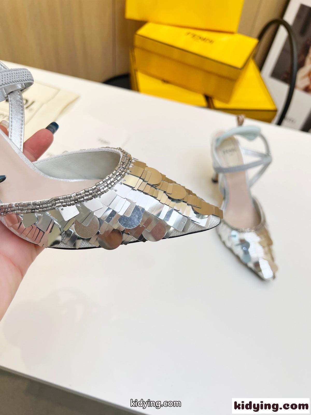 シルバースパンコール スリングバックシューズ ハイヒール フェンディ サンダル コピー レディース-0