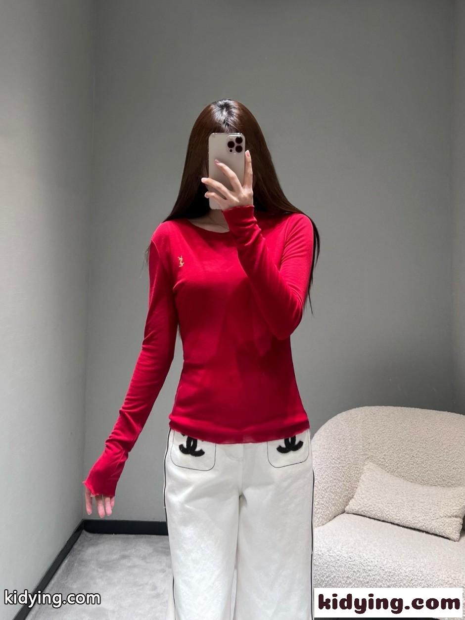 シンプル YSL 長袖Tシャツ イヴ・サンローラン Tシャツ コピー レッド-4