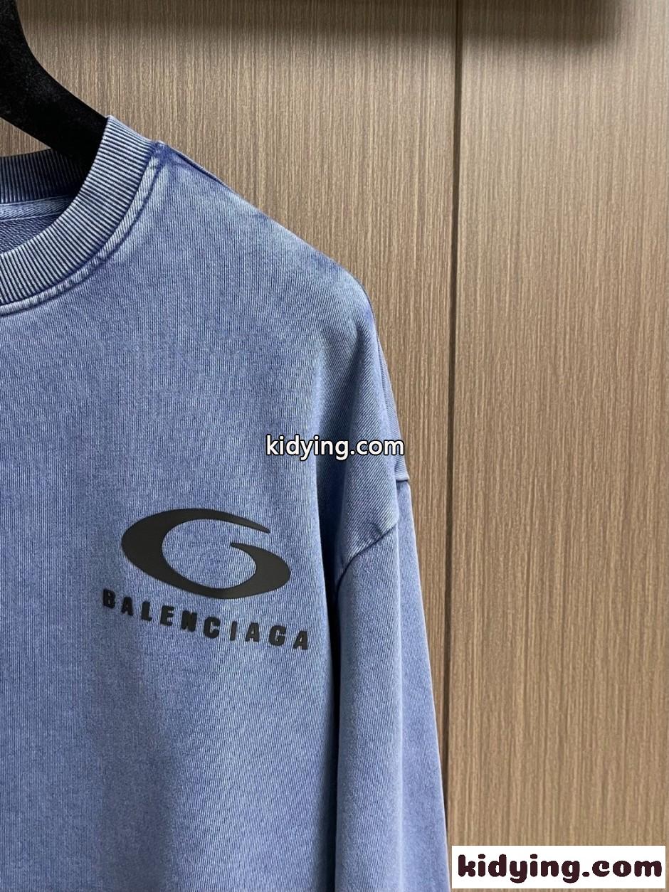 カジュアル ウォッシュ加工 スウェットシャツ バレンシアガ Tシャツ 偽物 ブルー-2