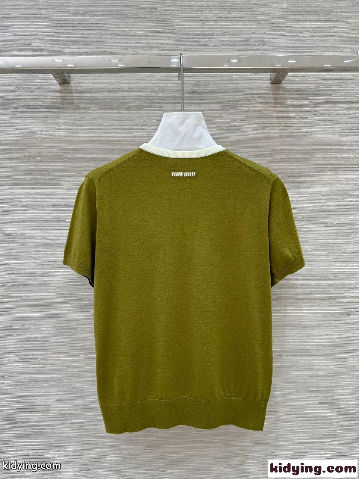 シンプル ウール 半袖 ニットトップス ミュウミュウ ニット コピー グリーン-2