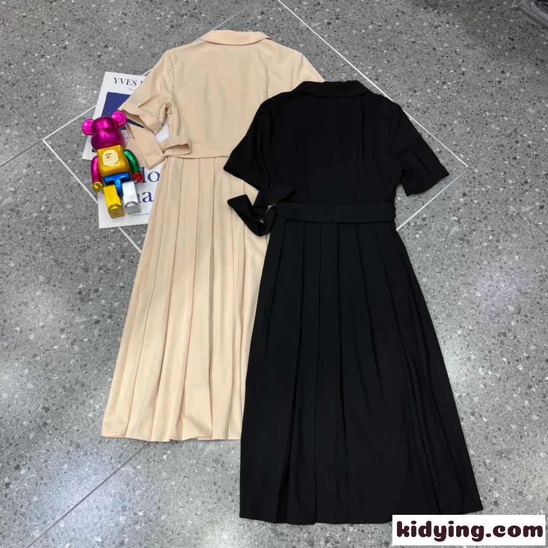春夏 オシャレ 半袖 プリーツ ポロネック ベルト付き イヴ・サンローラン ワンピース コピー 着痩せ Aライン ドレス-4