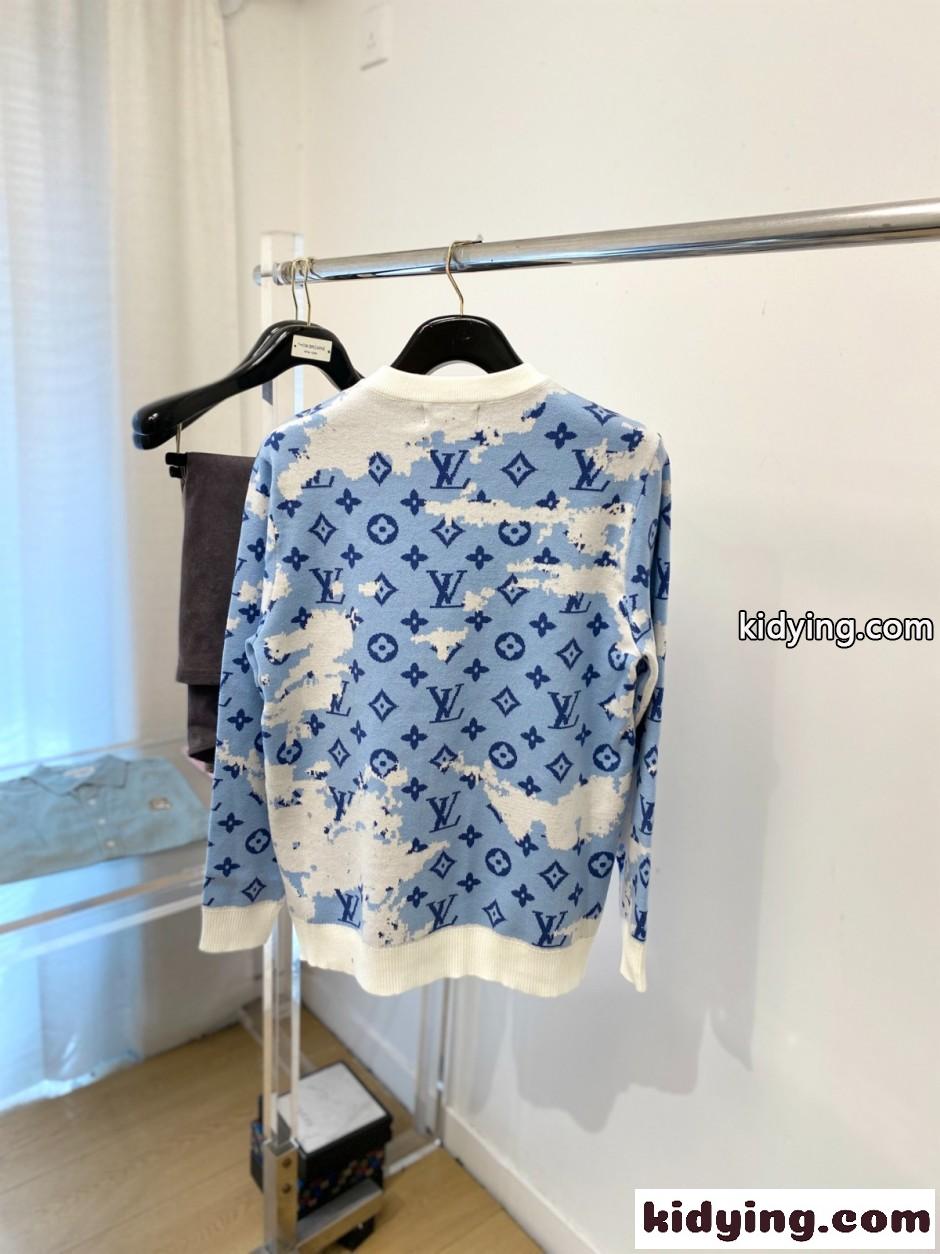 上品 おしゃれ 総柄 クルーネック ルイ・ヴィトン セーター 偽物 プルオーバー ライトブルー-4