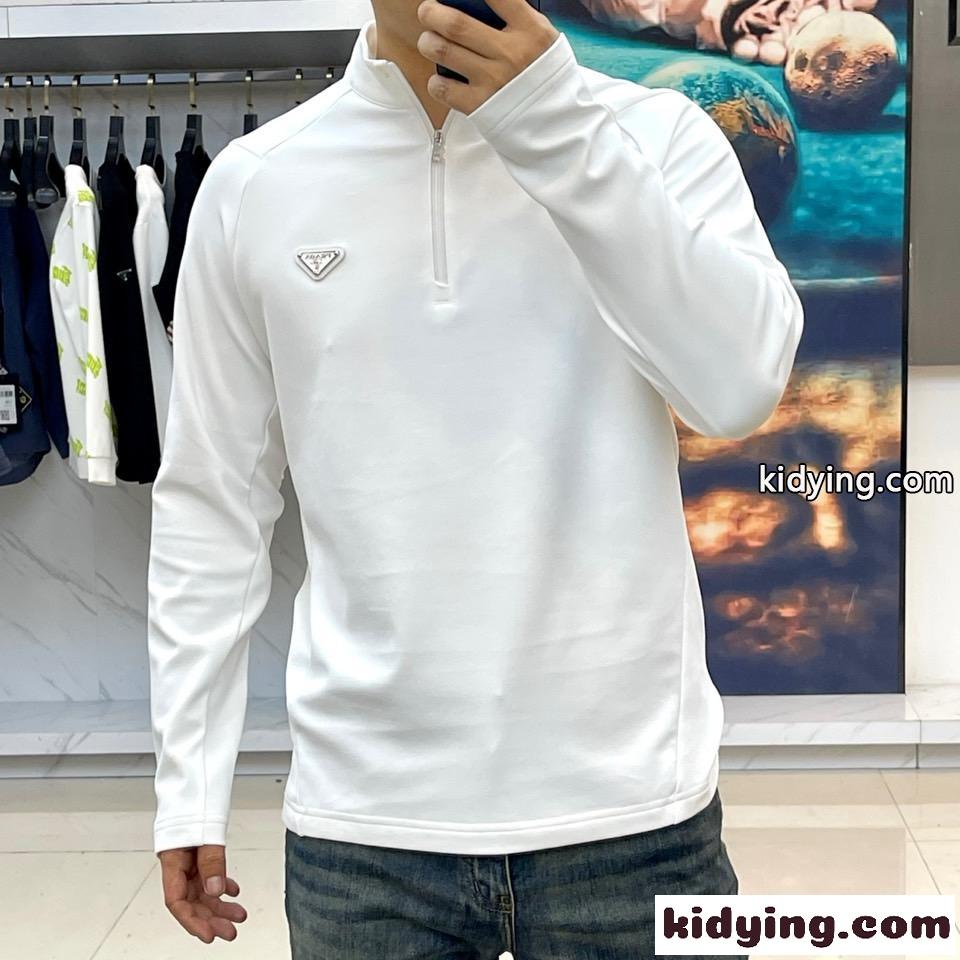 シンプル 洗練された ハーフジップ 長袖Tシャツ プラダ Tシャツ 偽物 ホワイト-1