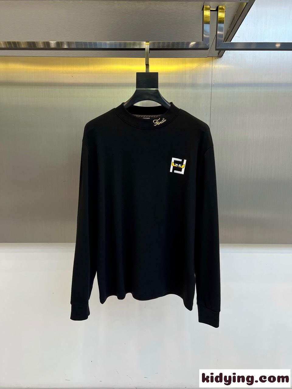 シンプル ロゴ刺繍 コットン 長袖Tシャツ フェンディ Tシャツ 偽物 トップス ブラック-1