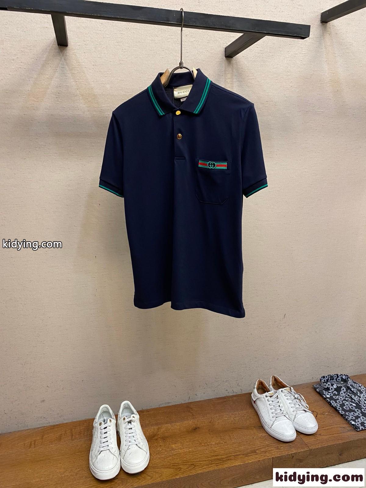 グッチ 半袖Tシャツ コピー ウェブ&インターロッキングG コットン ポロシャツ ブルー-0