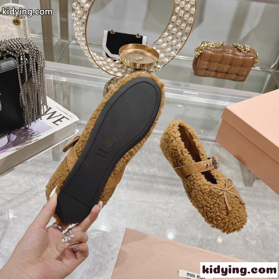 シープスキン フラット バレリーナシューズ ミュウミュウ シューズ スーパーコピー キャメル-3