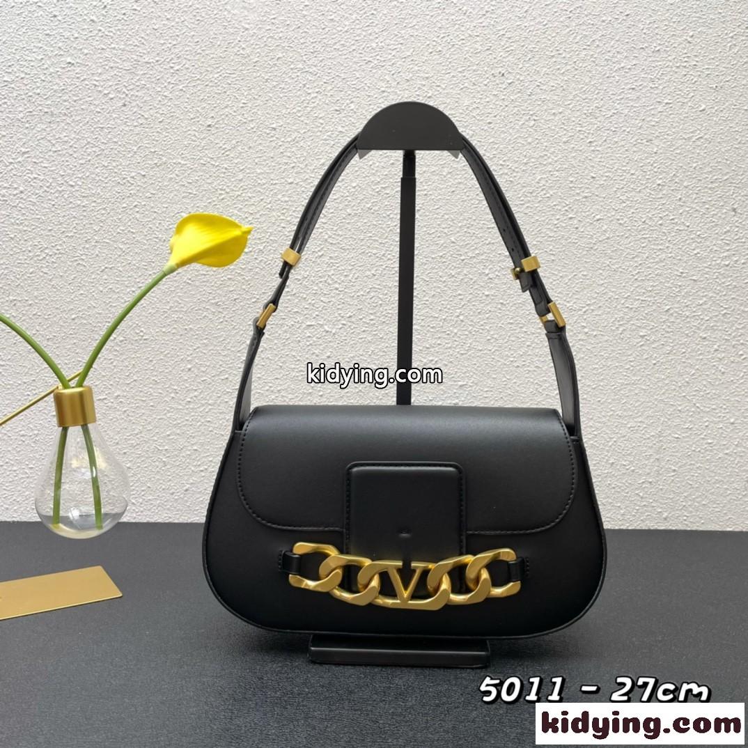 Vロゴ チェーン カーフスキンレザー ヴァレンティノ バッグ コピー ショルダーバッグ スモール ブラック-0
