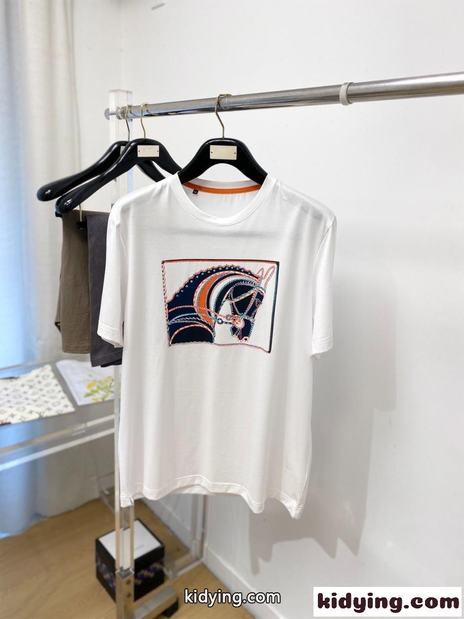 お洒落 プリント 半袖Tシャツ エルメス Tシャツ 偽物 クルーネック ホワイト-0