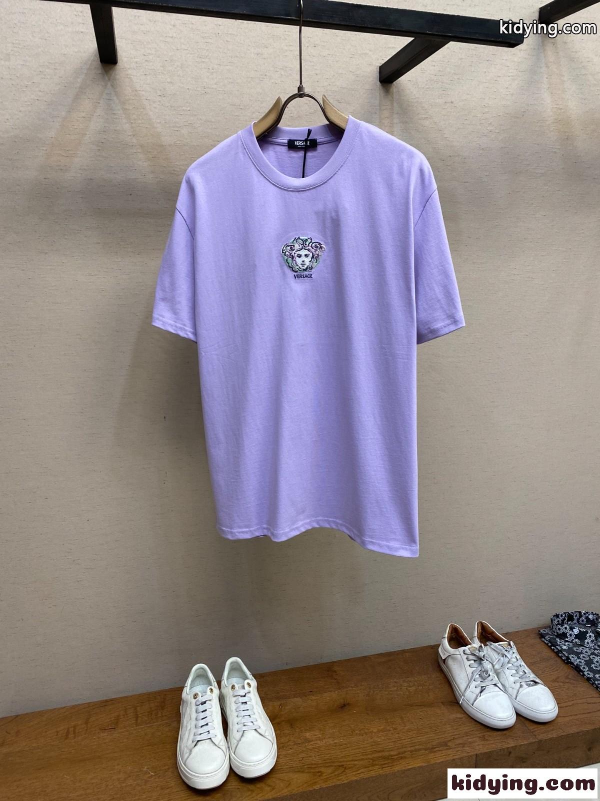 シンプル コットン 半袖Tシャツ ヴェルサーチェ Tシャツ コピー クルーネック パープル-0