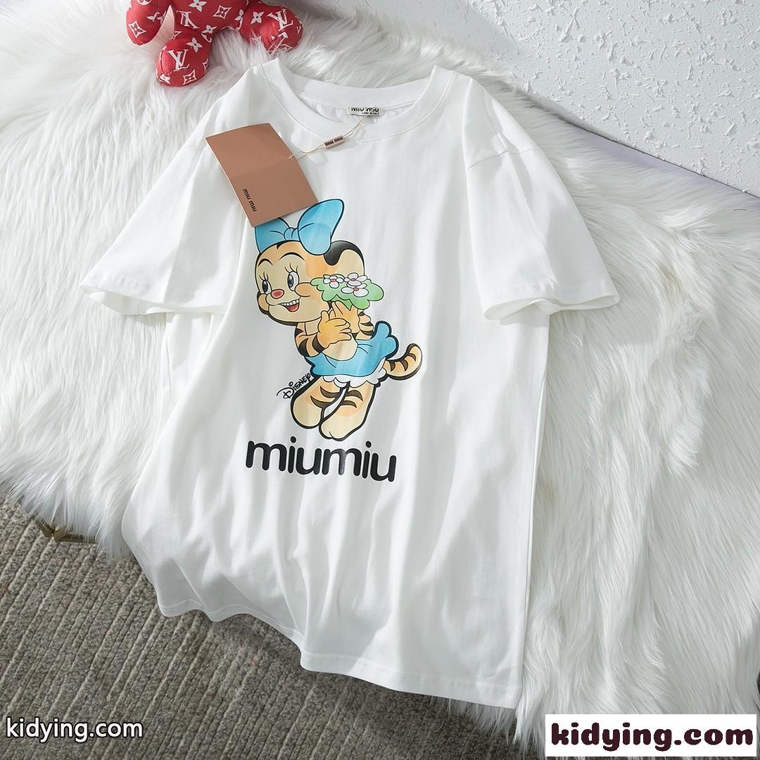 人気 ゆったり 体型カバー 可愛い プリント ミュウミュウ 半袖tシャツ コピー コットン 着心地いい ラウンドネック-1