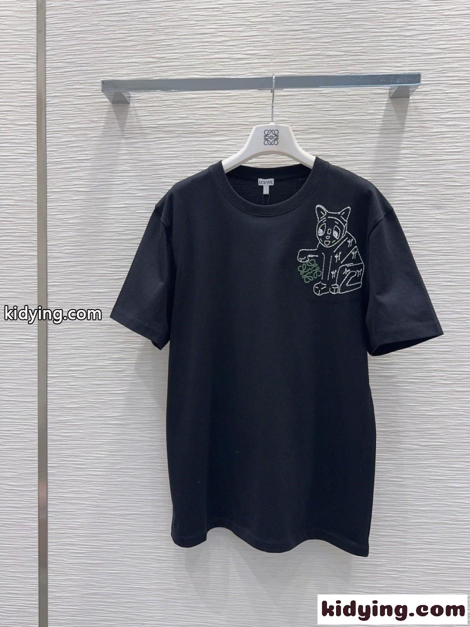 キャットエンブロイダリー 半袖Tシャツ ロエベ Tシャツ コピー ユニセックス ブラック-1
