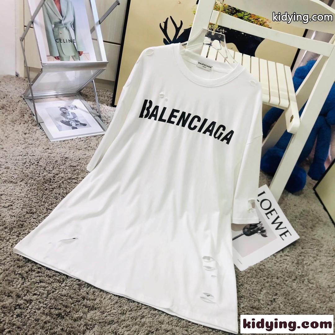 カジュアル ユニセックス ゆったり ダメージ バレンシアガ Tシャツ コピー 半袖 おしゃれ チュニック ホワイト ブラック-0