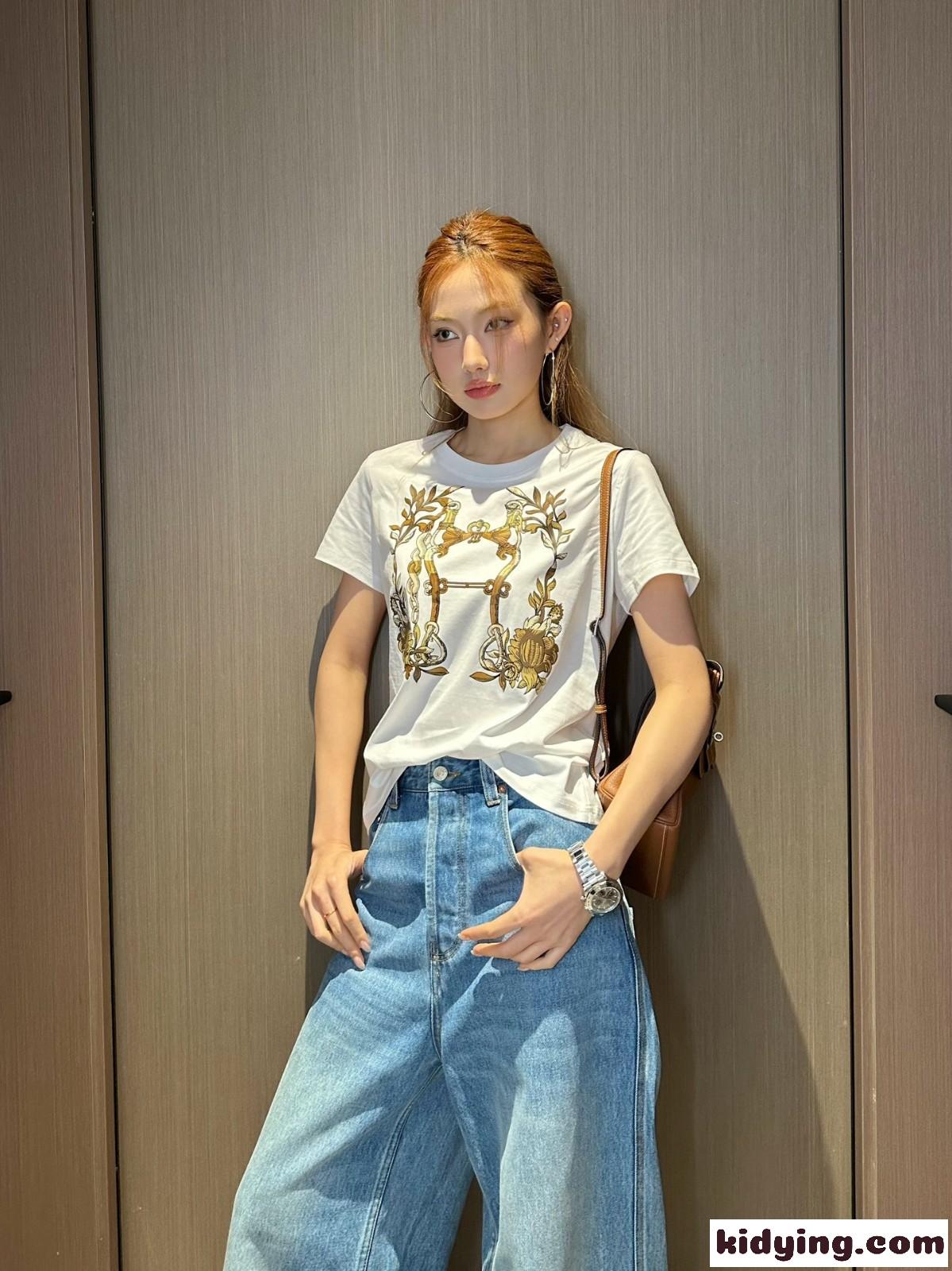 カジュアル コットン プリント クルーネック 半袖Tシャツ エルメス Tシャツ コピー レディース-4