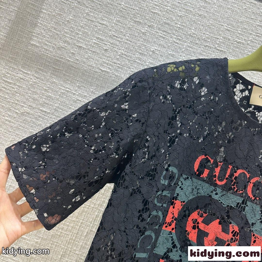 GUCCIプリント フローラル レース トップ グッチ Tシャツ コピー ブラック-1