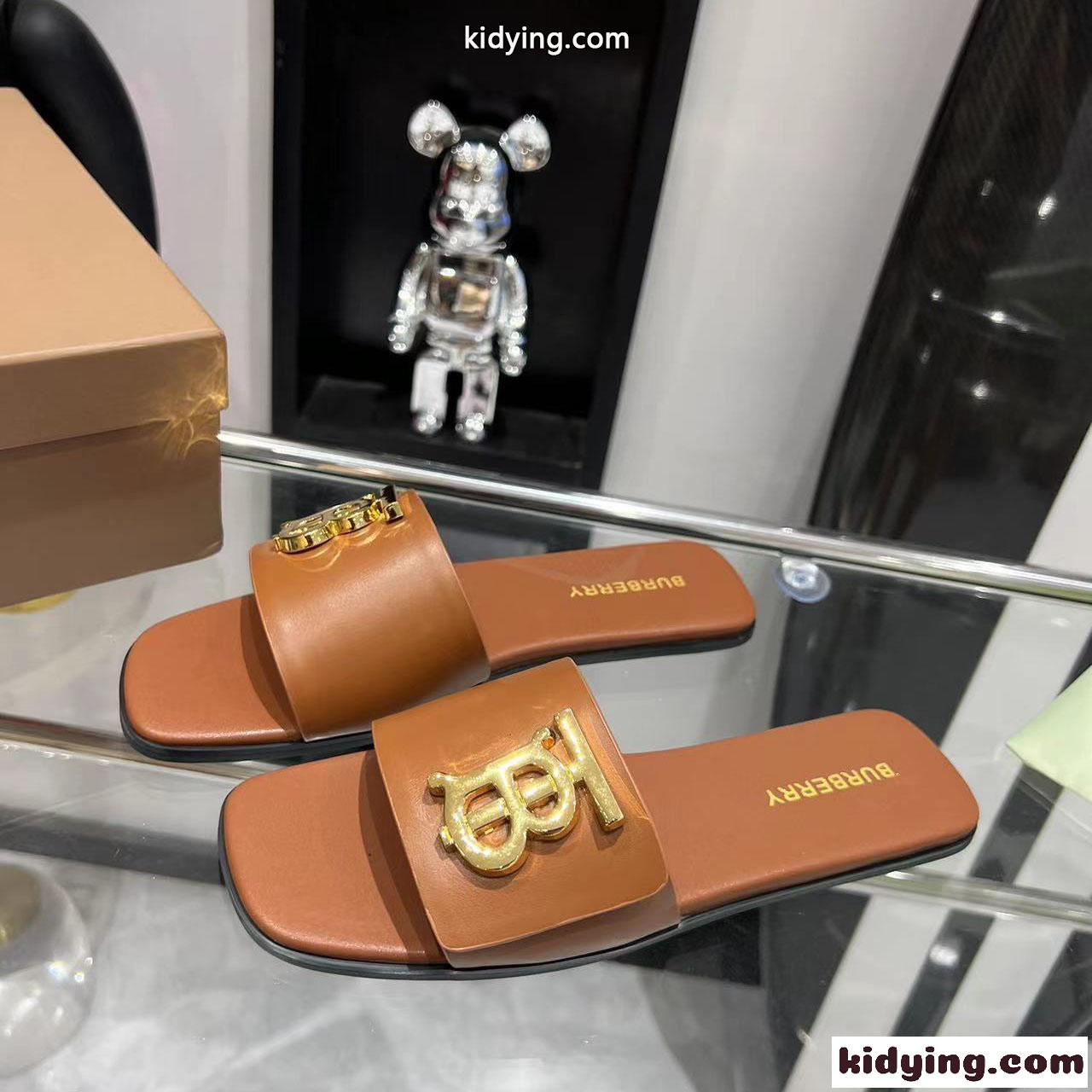 モノグラムモチーフ レザースライド フラットシューズ バーバリー サンダル コピー ブラウン-0