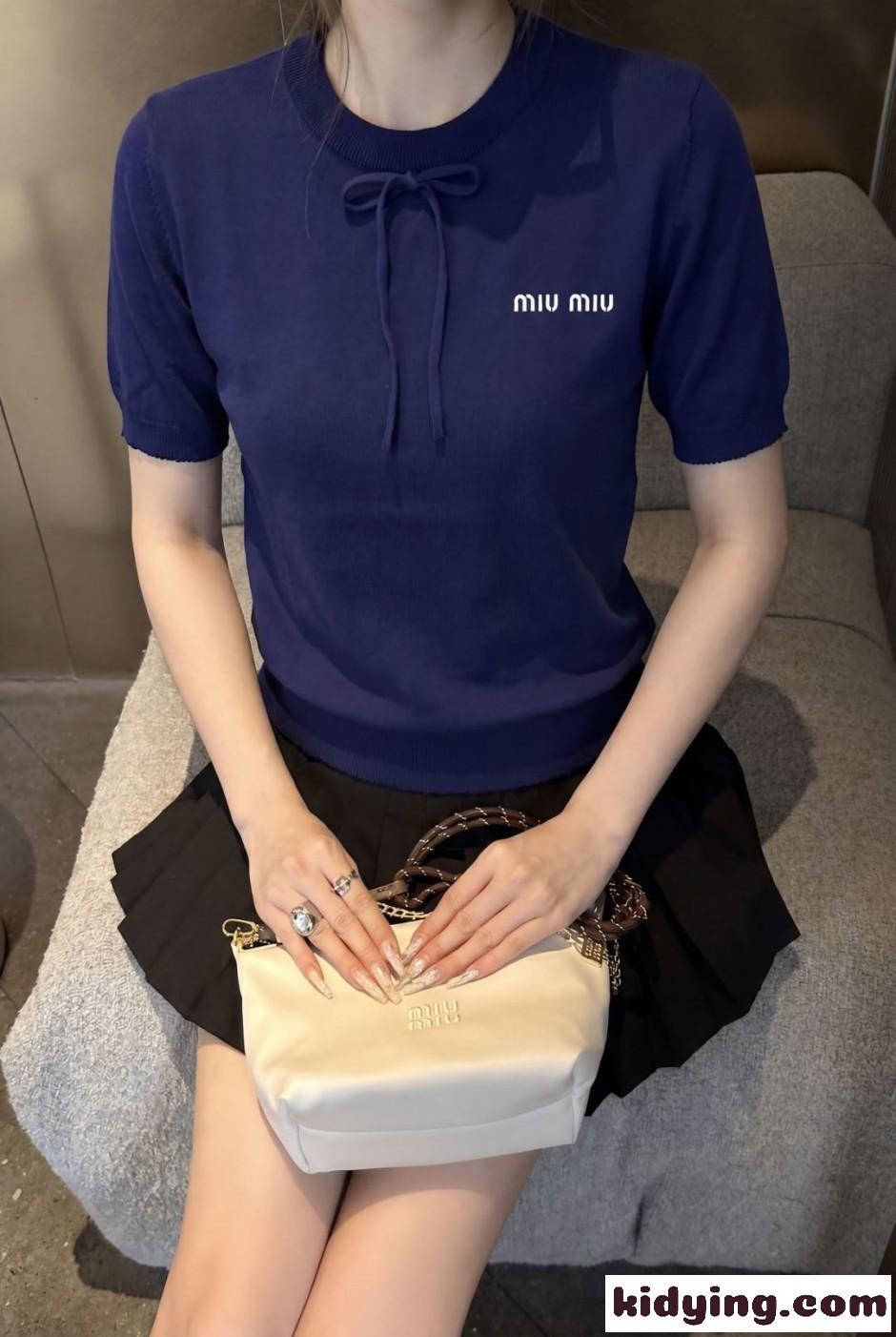 フェミニン 可愛い リボン 半袖ニット ミュウミュウ ニット コピー ネイビー-3