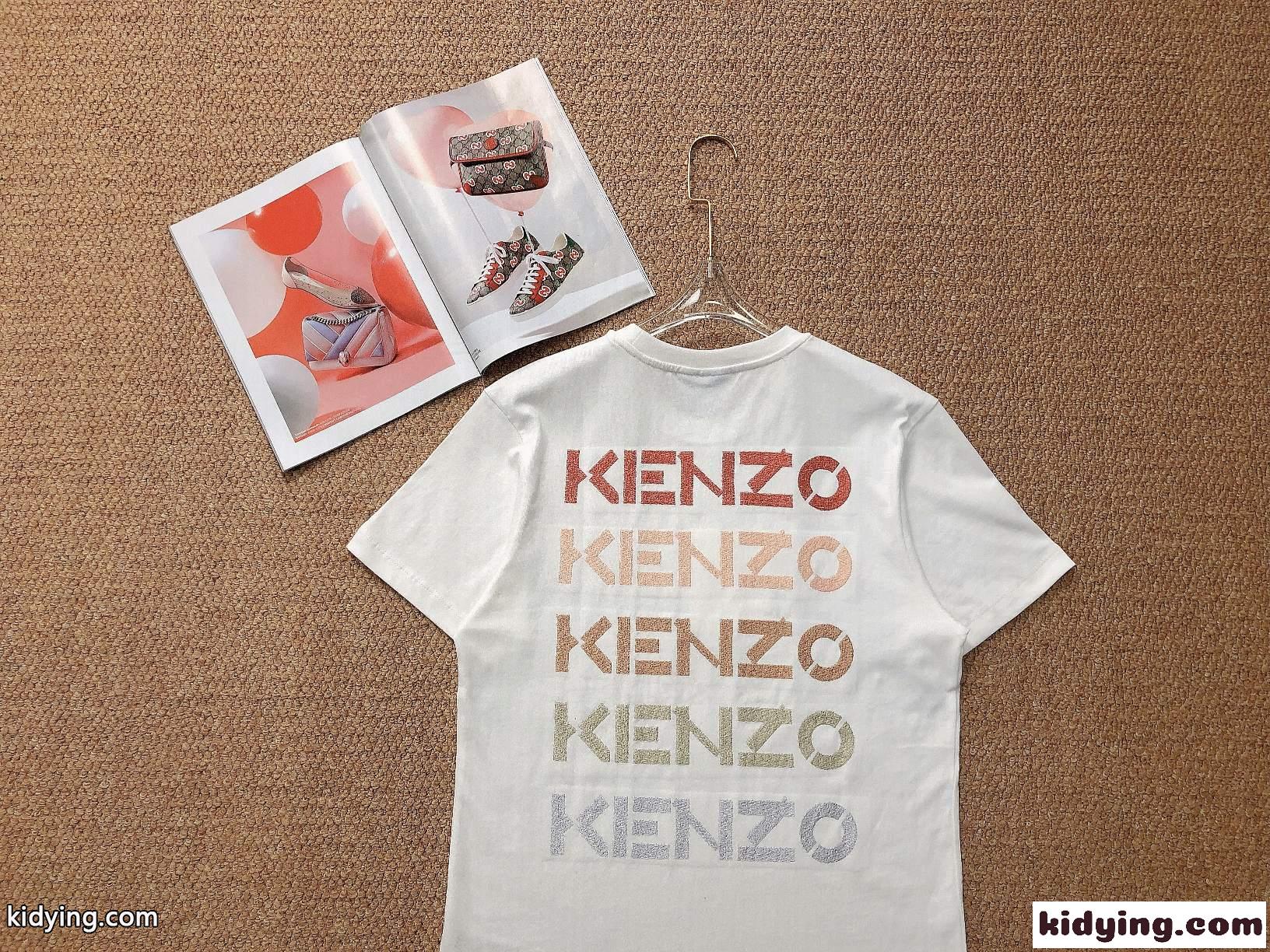 グラデーション ロゴ 刺繍 オシャレ クールネック コットン 着心地いい ケンゾー tシャツ レディース コピー ホワイト ブラック-3