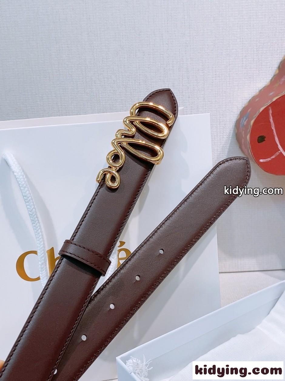 洗練された ロゴバックル レザーベルト クロエ ベルト 偽物 ダークブラウン-4