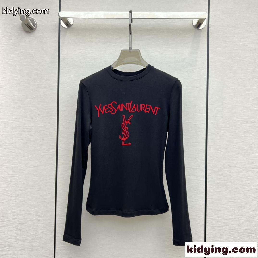 シンプル ロゴプリント イヴ・サンローラン Tシャツ コピー ロングスリーブ ブラック-0