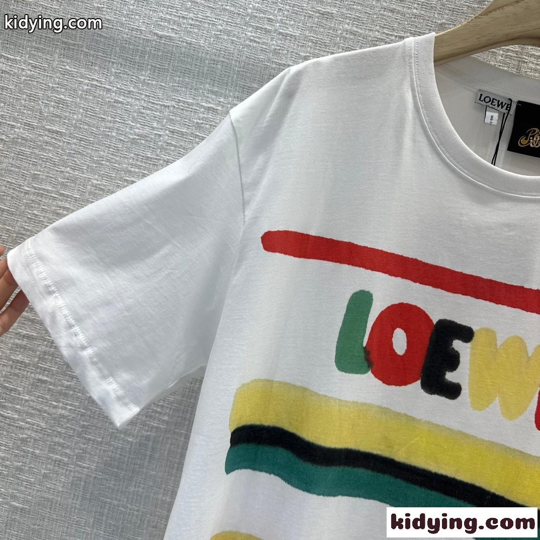 人気 ユニセックス ロゴ ストライプ プリント ロエベ Tシャツ コピー コットン-0