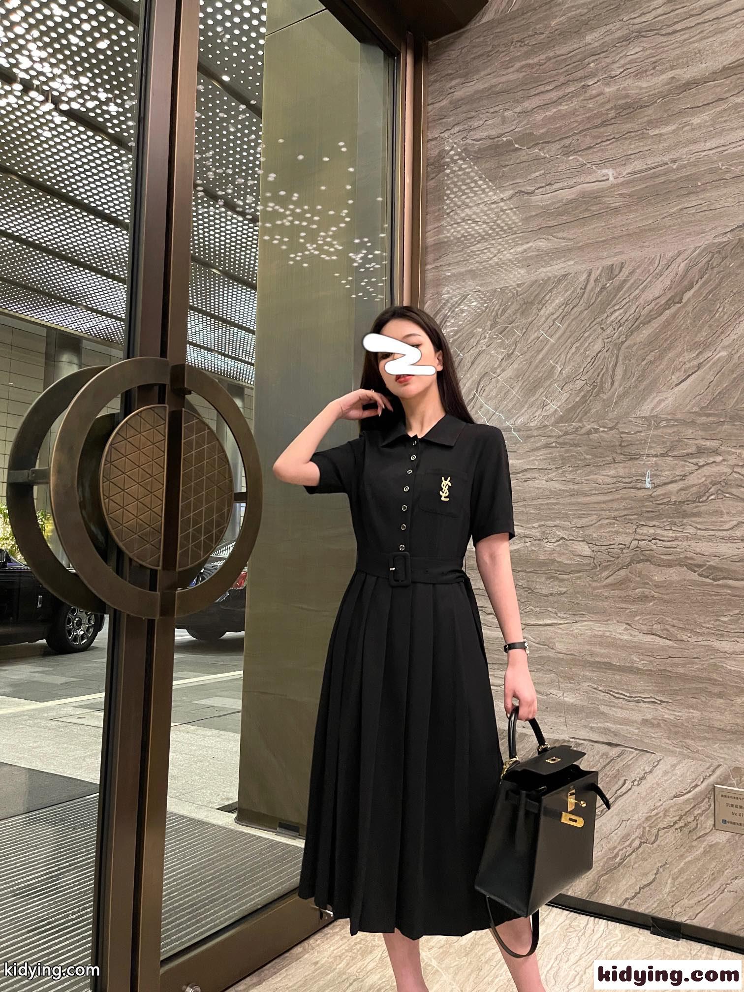 春夏 オシャレ 半袖 プリーツ ポロネック ベルト付き イヴ・サンローラン ワンピース コピー 着痩せ Aライン ドレス-5