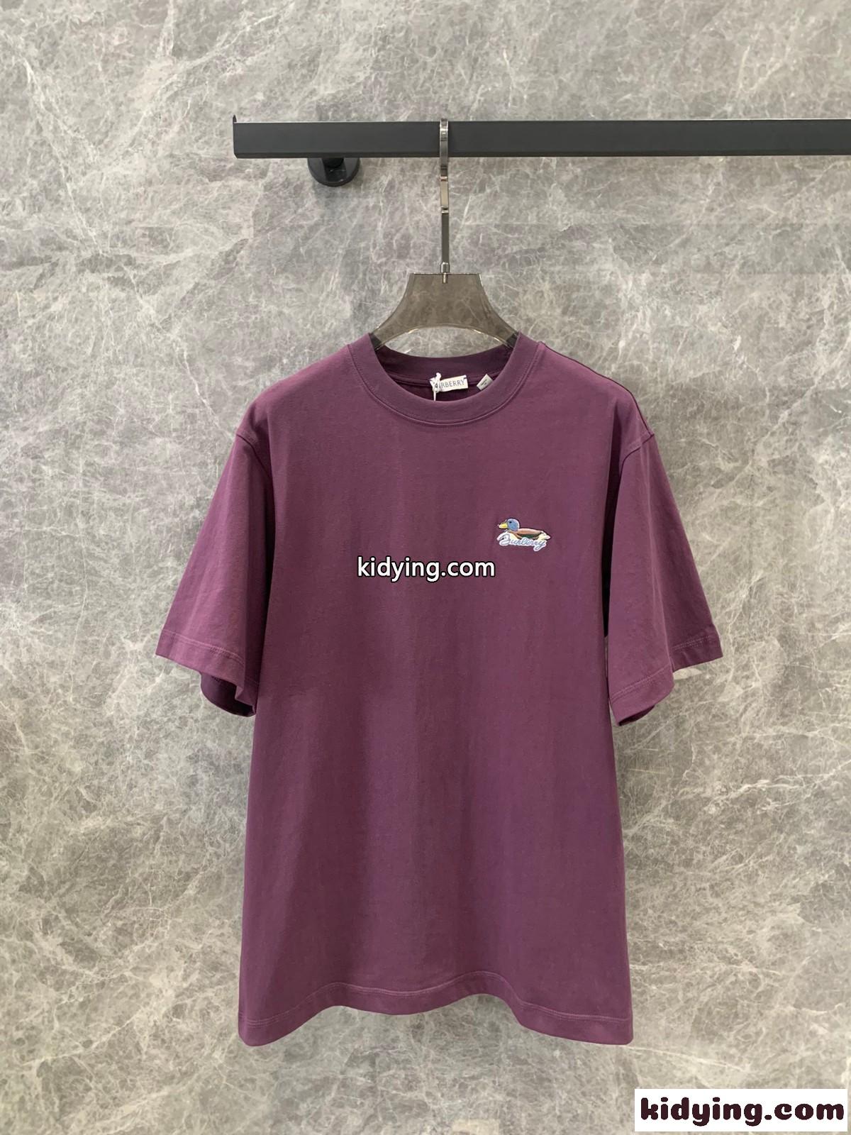 定番 刺繍入り クルーネック コットンTシャツ バーバリー 半袖Tシャツ コピー パープル-0