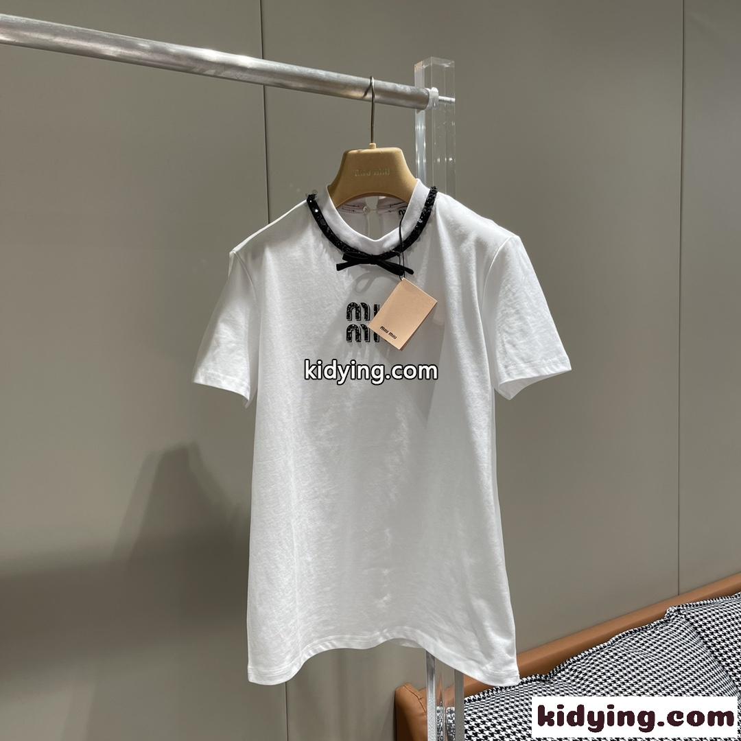 洗練された 可愛い ロゴ入り リボン付き 半袖Tシャツ ミュウミュウ Tシャツ コピー 春夏-1