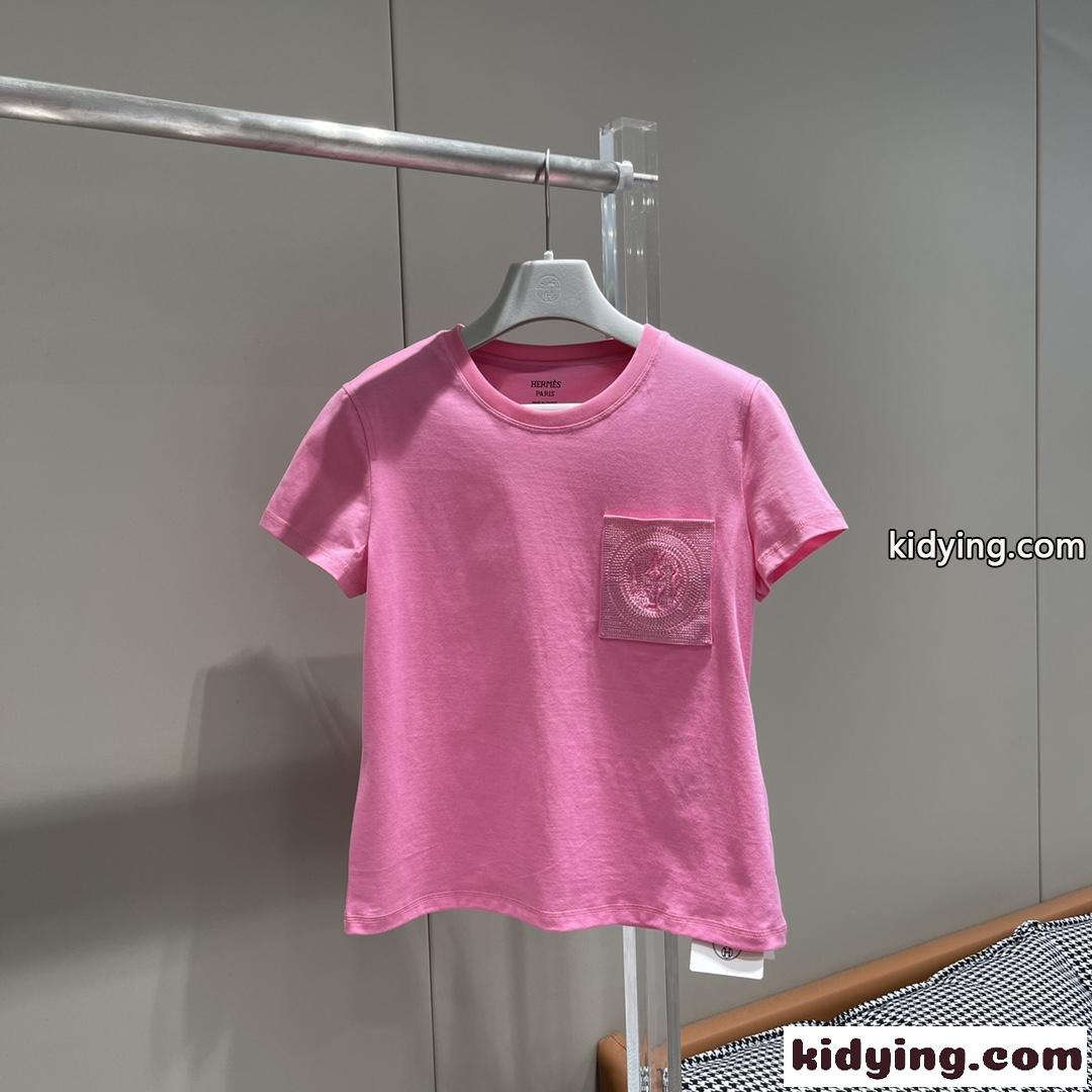 シンプル 刺繍入りポケット 半袖Tシャツ エルメス Tシャツ コピー コットン 快適-0
