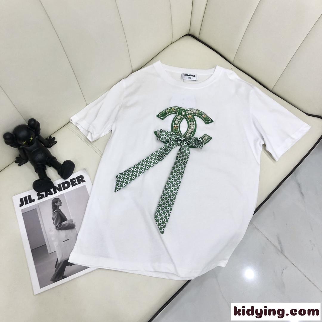 シャネル tシャツ コピー 半袖 トップス レディース 可愛い ロゴ リボン クールネック カジュアル 可愛い 春夏 定番-1