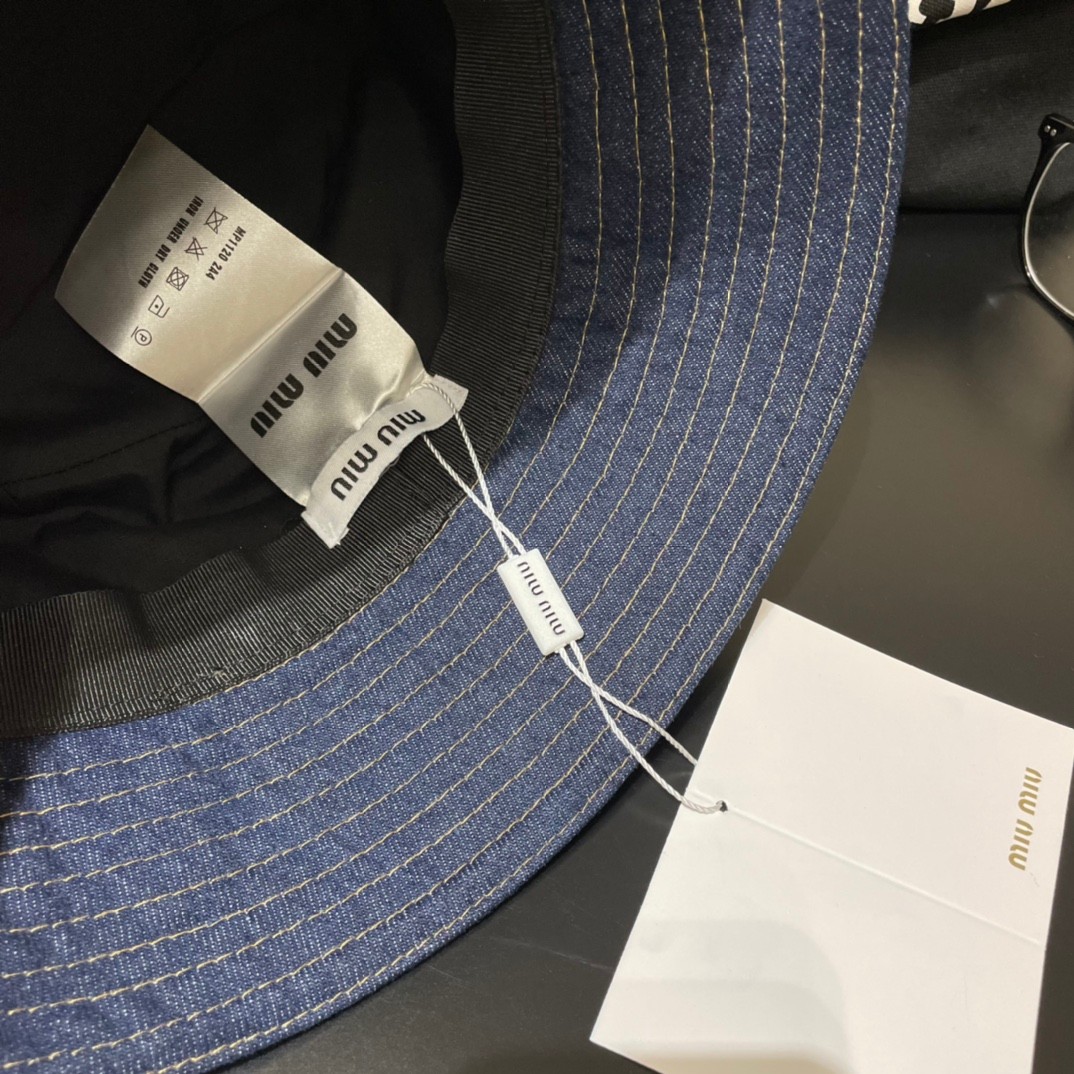 デニム バケットハット ミュウミュウ 帽子 コピー レディース ロゴ入り-3