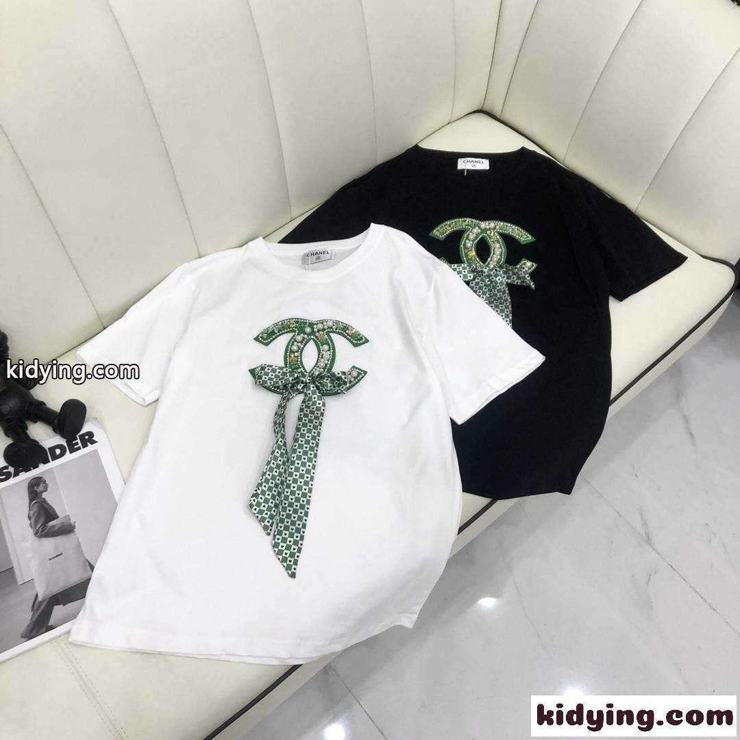 シャネル tシャツ コピー 半袖 トップス レディース 可愛い ロゴ リボン クールネック カジュアル 可愛い 春夏 定番-2