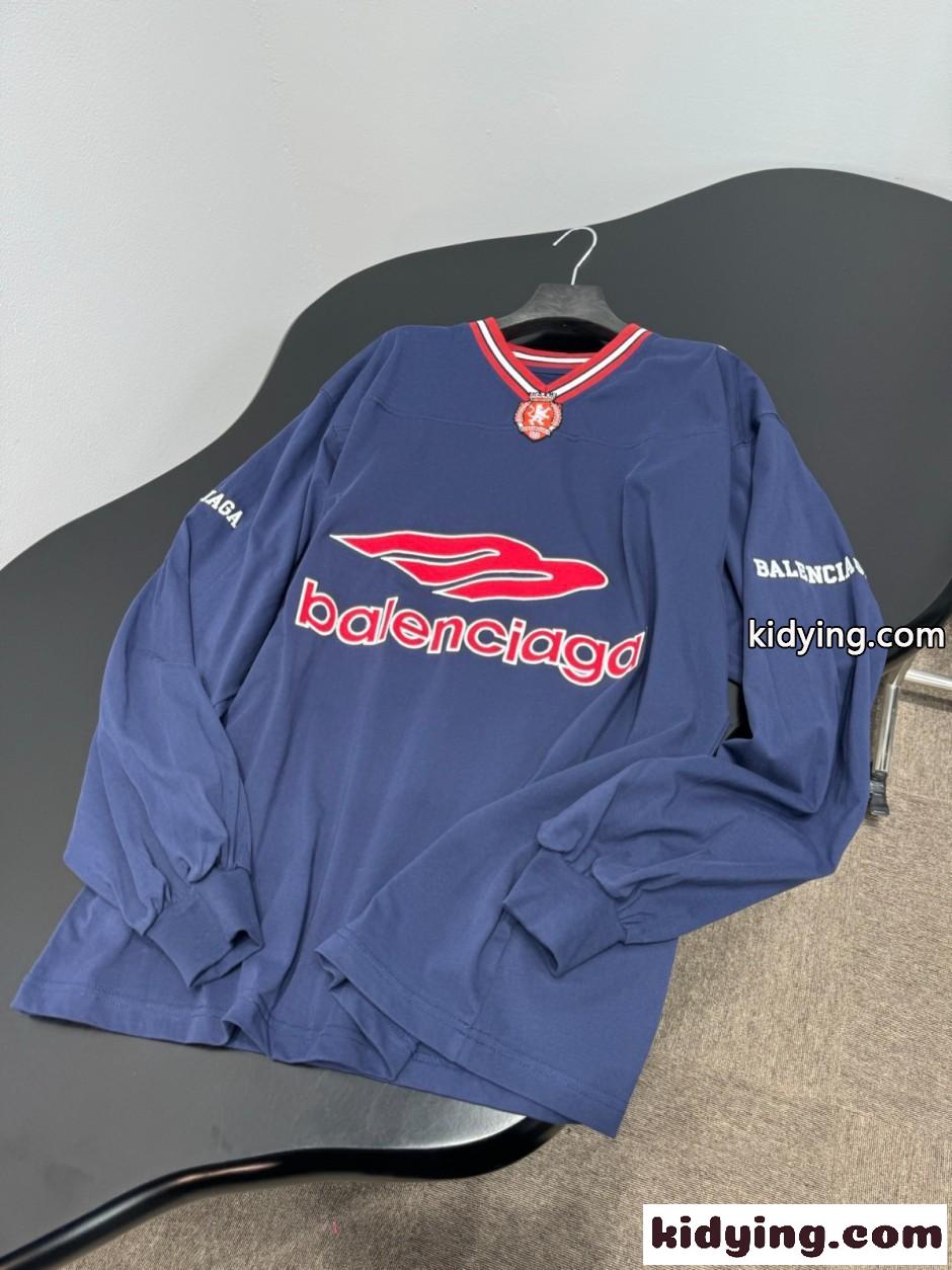 Vネック オーバーサイズ ロングTシャツ バレンシアガ Tシャツ コピー ブルー-3