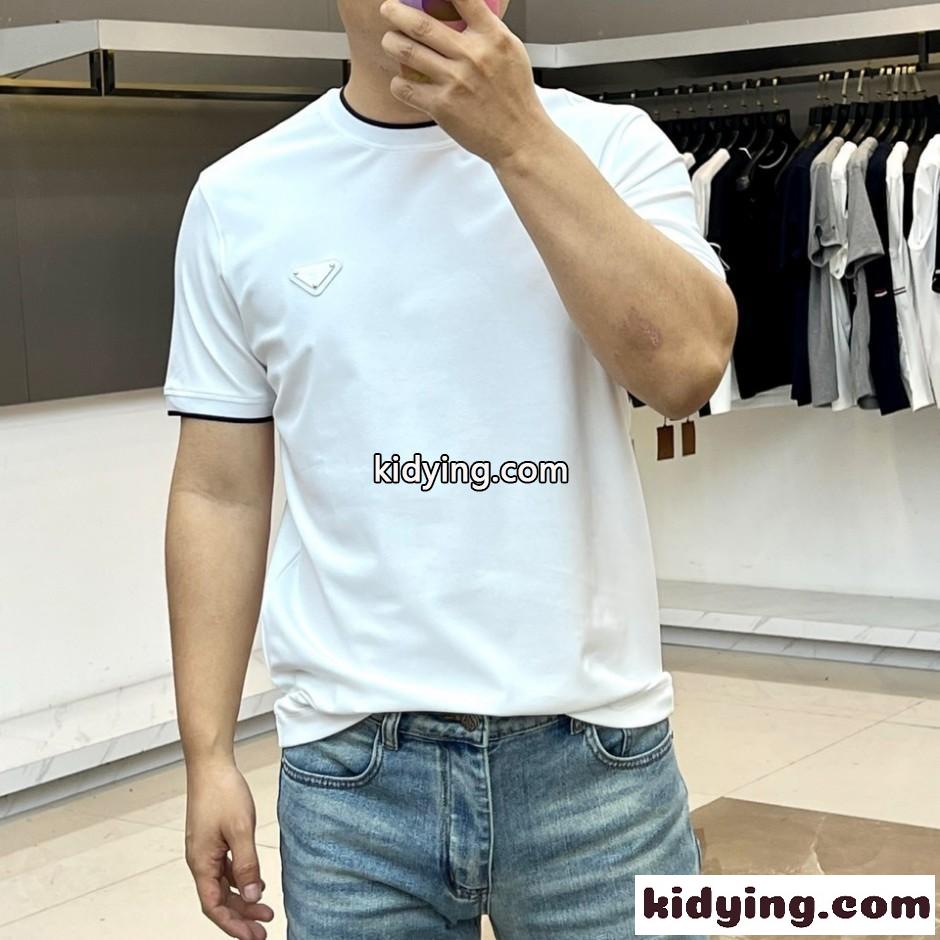 カジュアル パイピング クルーネック 半袖Tシャツ プラダ Tシャツ 偽物 ホワイト-1