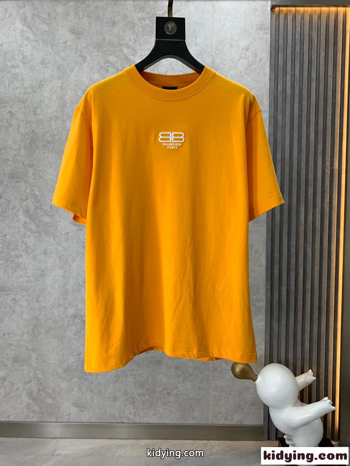 シンプル ロゴ 刺繍入り クルーネック コットン 半袖Tシャツ バレンシアガ Tシャツ コピー オレンジ-1