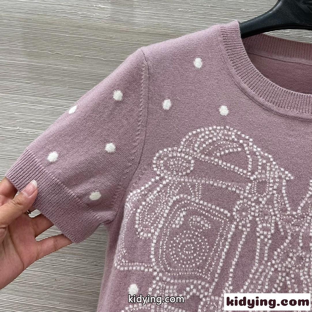 着心地抜群♪刺繍入り 半袖セーター エルメス ニットウェア コピー ピンク-1
