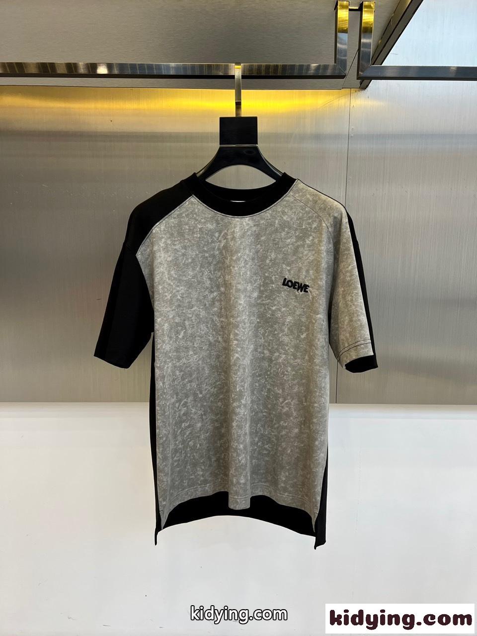 カジュアル 切り替え コットン クルーネック ロエベ Tシャツ 偽物 グレー-0