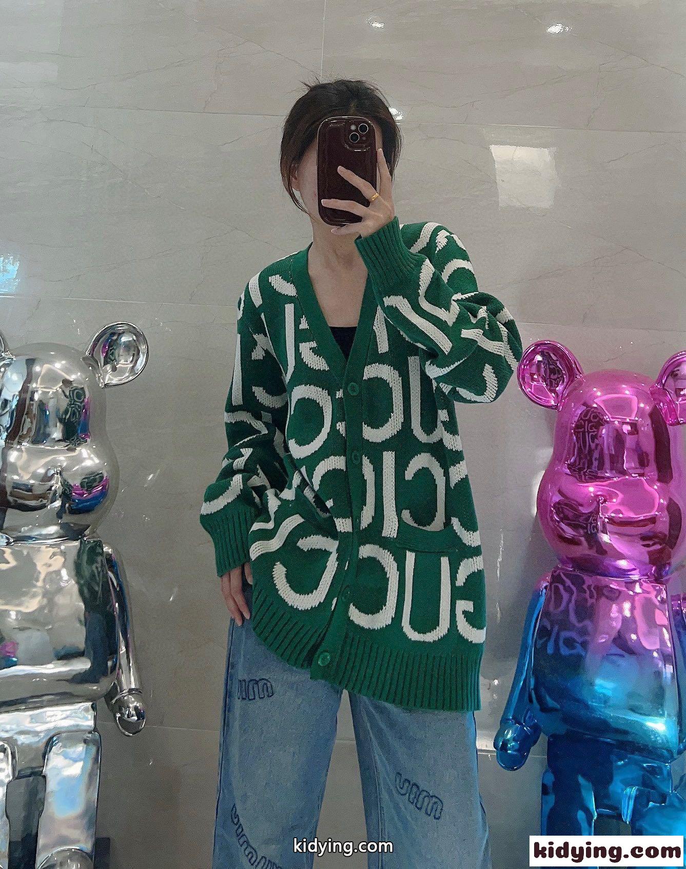 GUCCI インターシャ ウール カーディガン グッチ ニット コピー ユニセックス グリーン-4