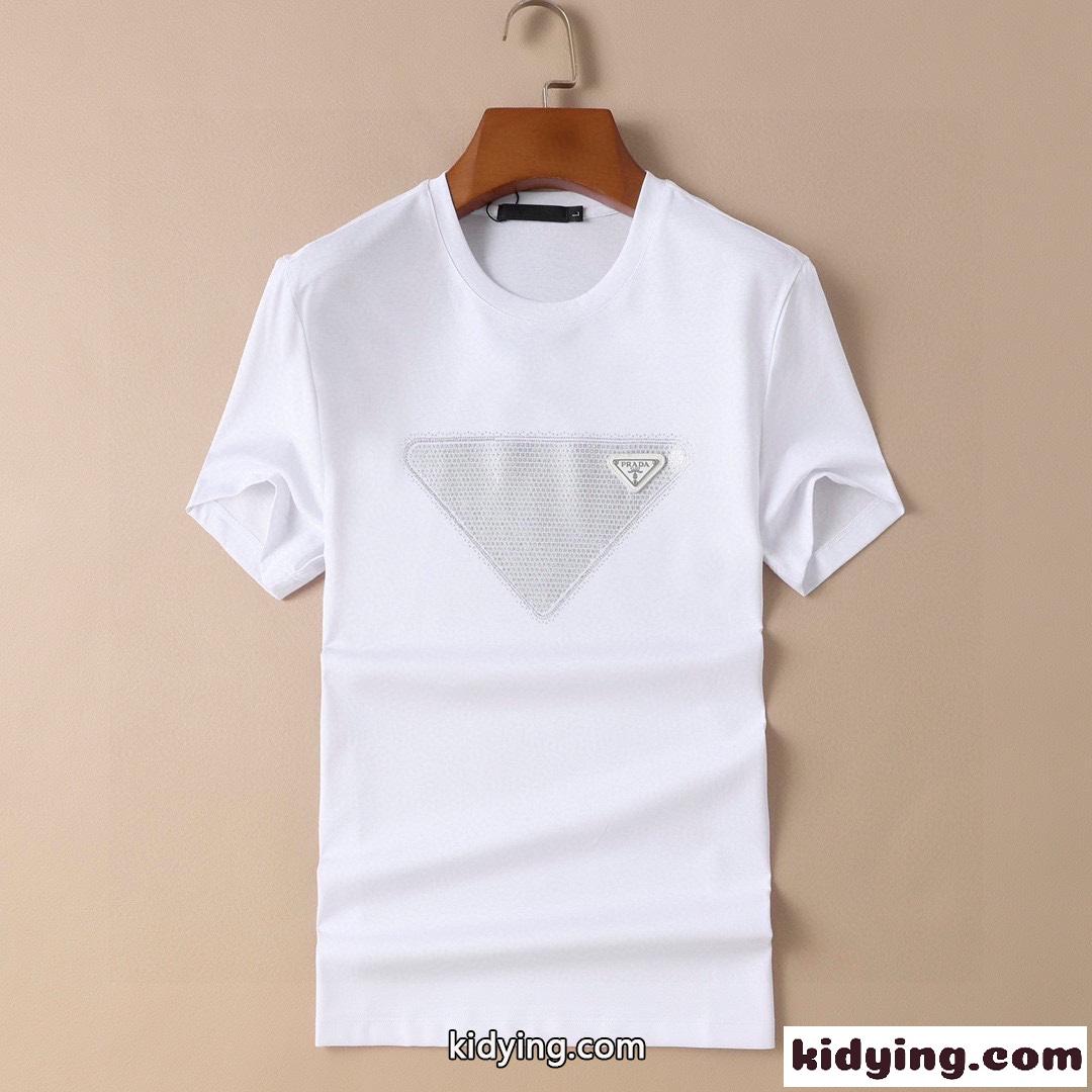 トライアングルロゴ シルケット コットン プラダ 半袖tシャツ コピー クルーネック スリム-1