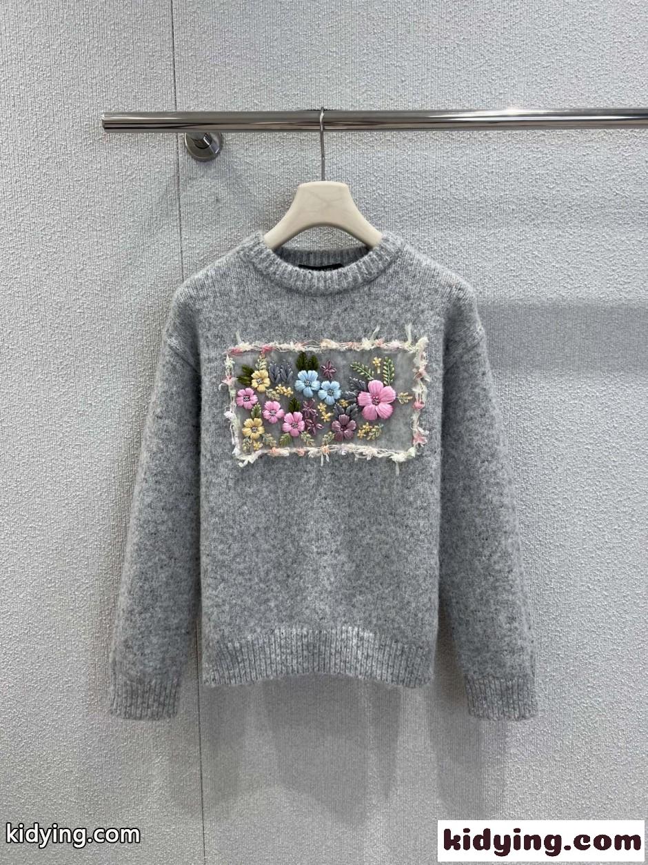 フェンミン カシミヤ フラワー刺繍 クルーネック シャネル セーター コピー グレー-0