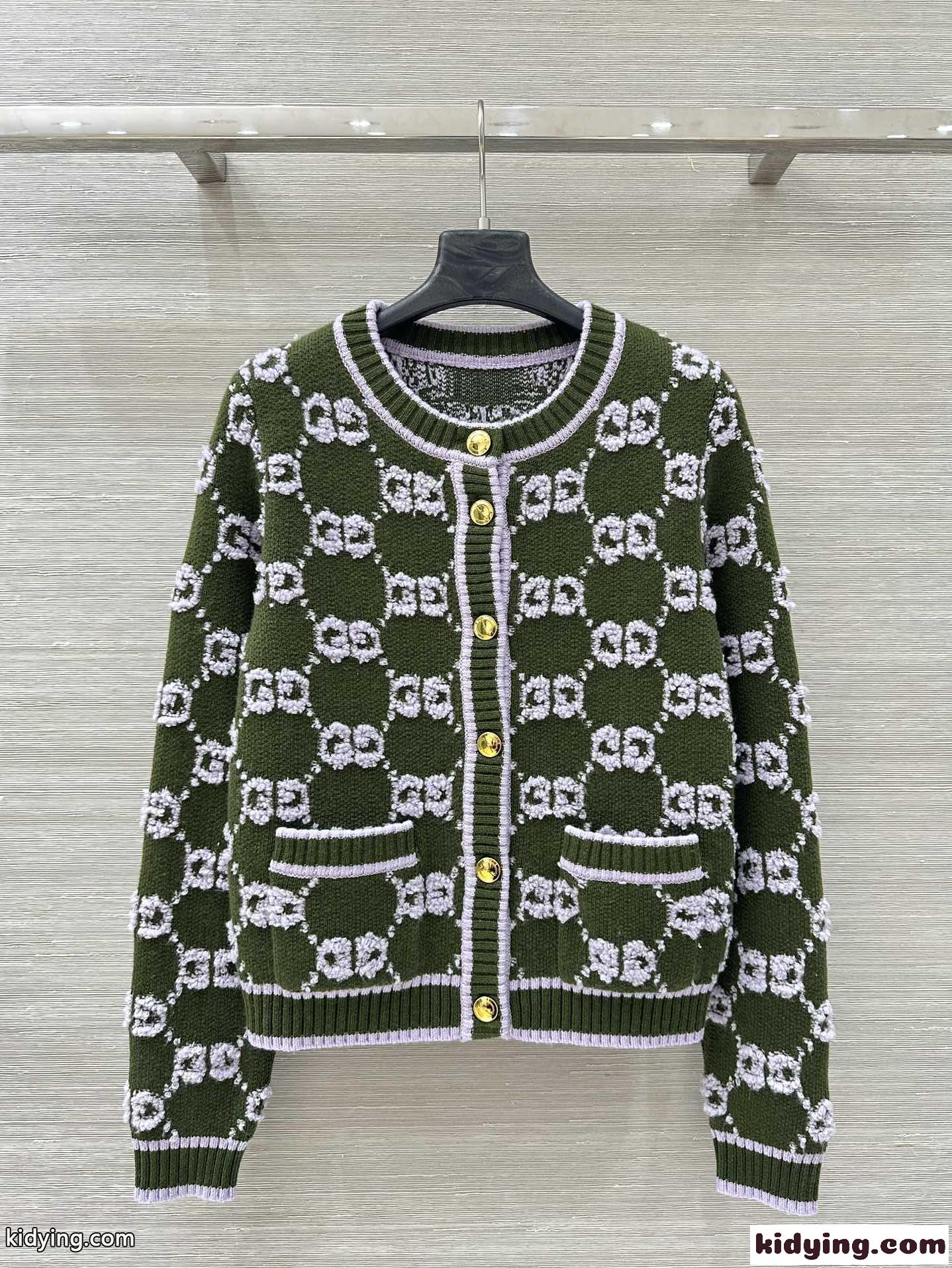GG ウール カーディガン グッチ ニット 偽物 クルーネック グリーン-0