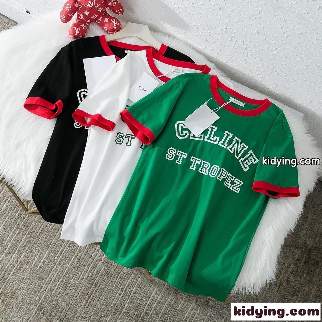 おしゃれ 人気 コットン 着心地いい 配色 ロゴ プリント セリーヌ tシャツ コピー 半袖 クールネック 3色あり-2