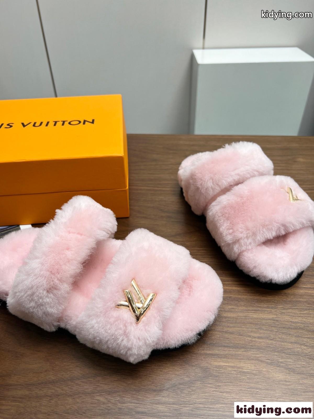 ふわふわ 可愛い LVロゴ ミュール ルイヴィトン サンダル コピー 秋冬 ピンク-3