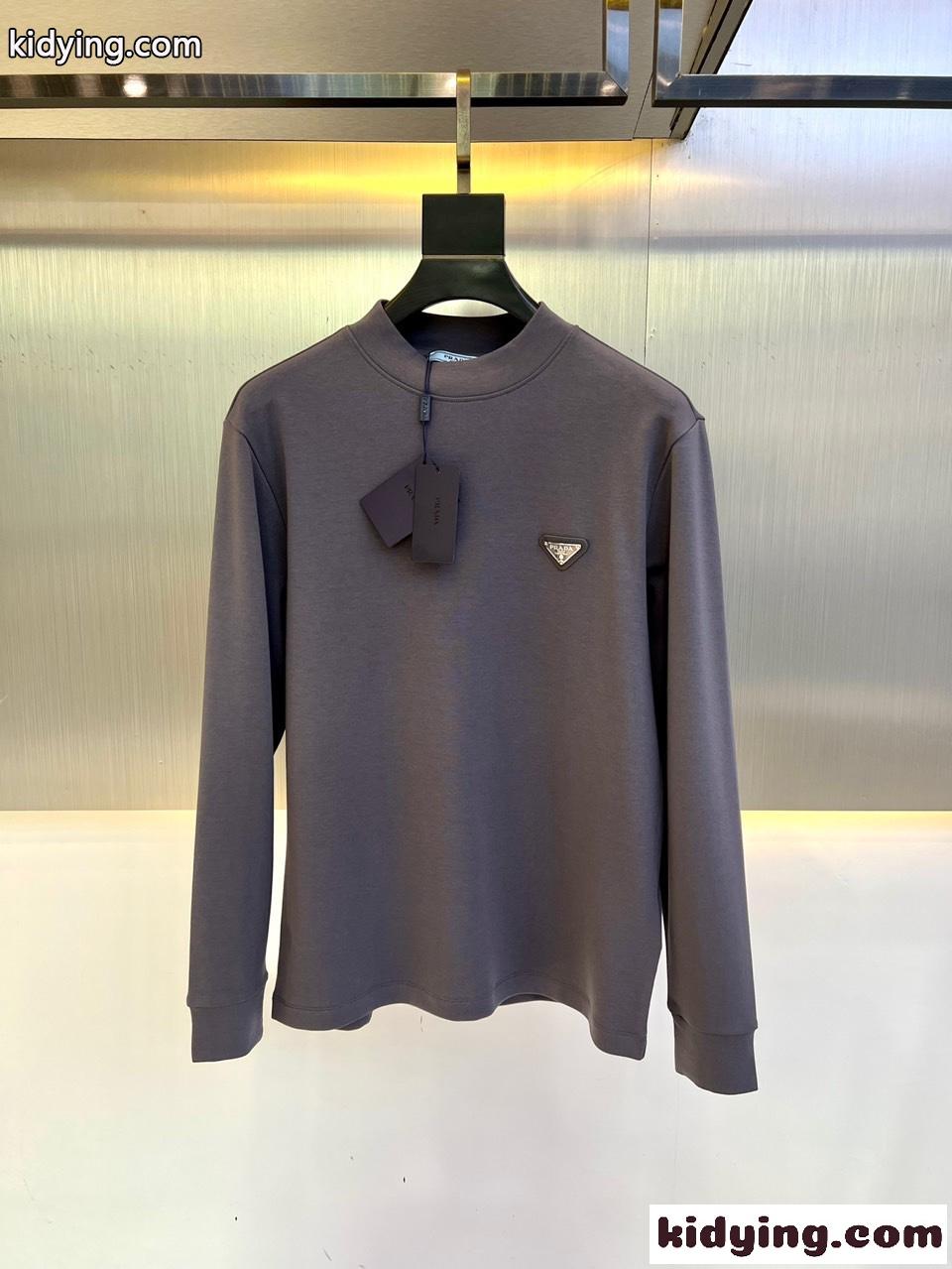 シンプル 定番 トライアングルロゴ 長袖Tシャツ プラダ Tシャツ コピー コットン グレー-1