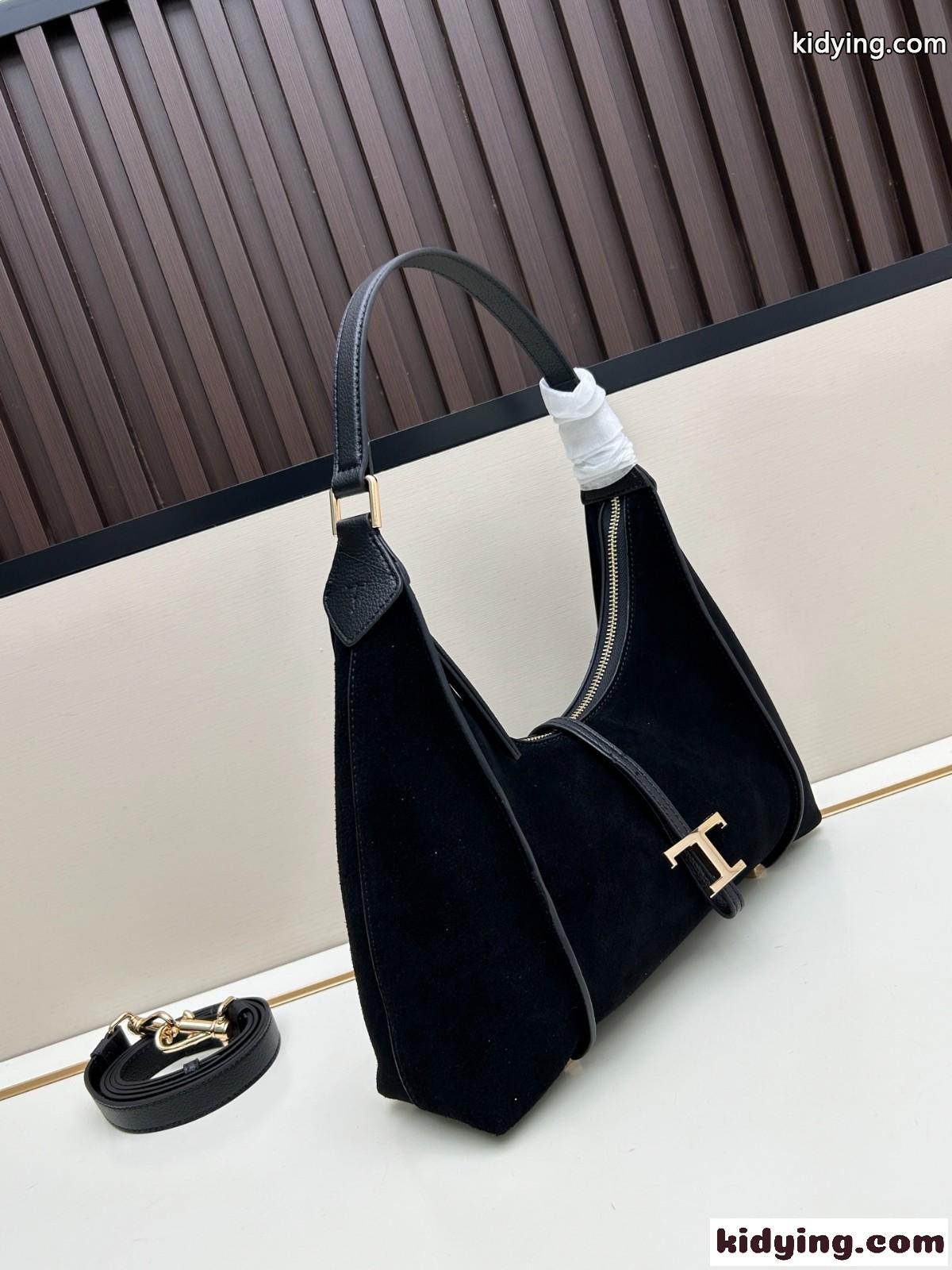Tタイムレス 人気 定番 トッズ バッグ コピー スエード ホーボーバッグ ブラック-3