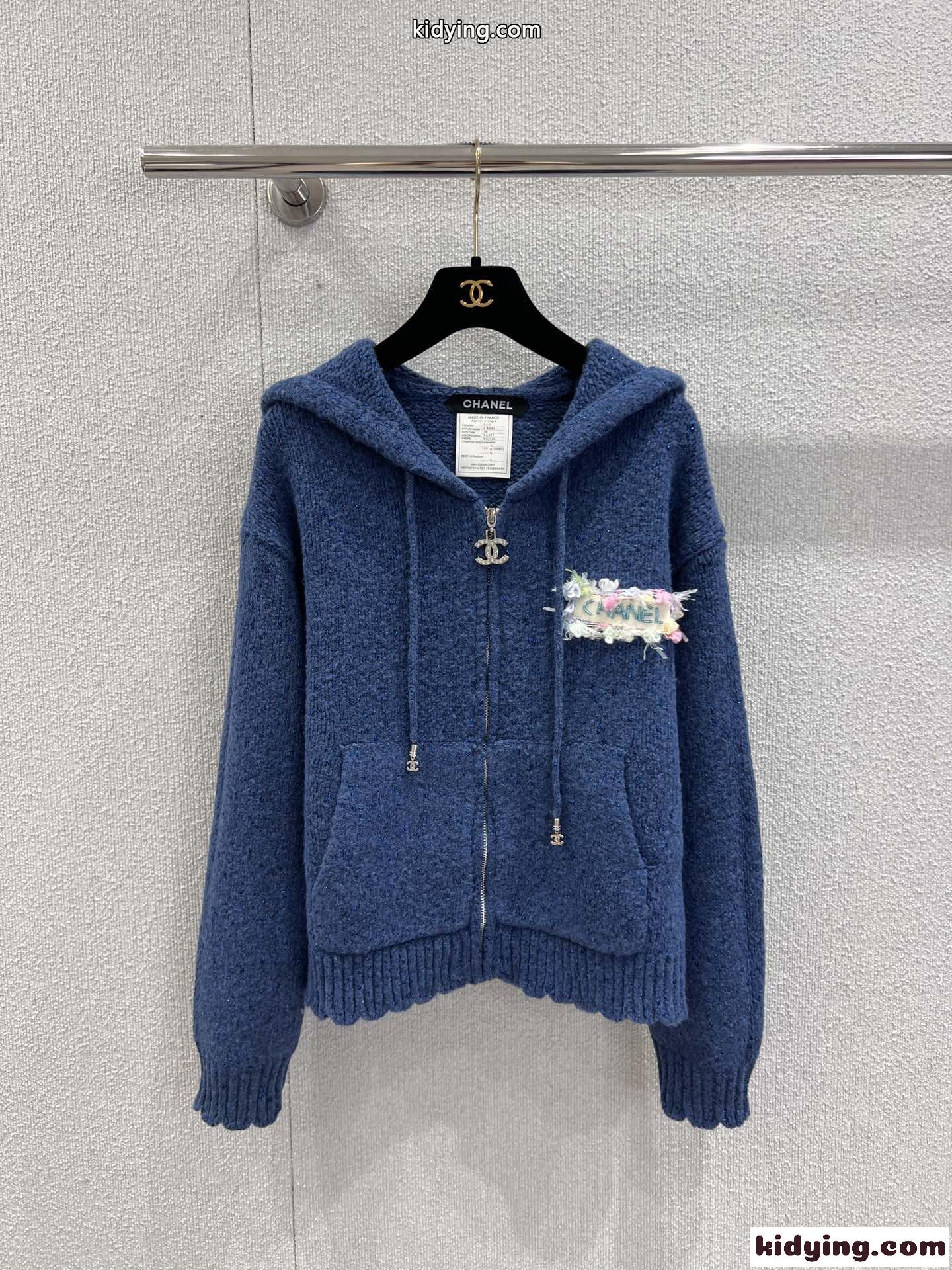 シンプル ニット ジップアップパーカー シャネル パーカー コピー ブルー-0