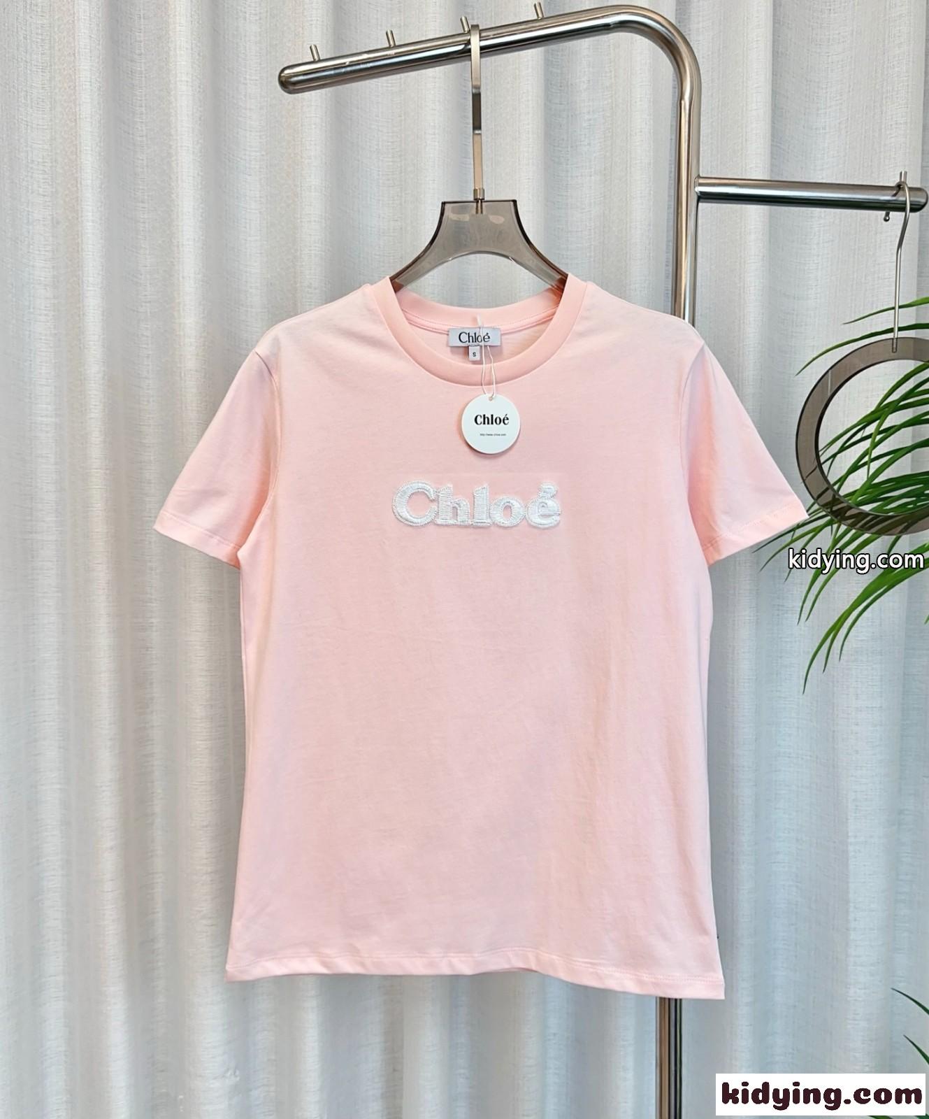 シンプル ロゴ入り 半袖Tシャツ クロエ Tシャツ スーパーコピー クルーネック ピンク-0