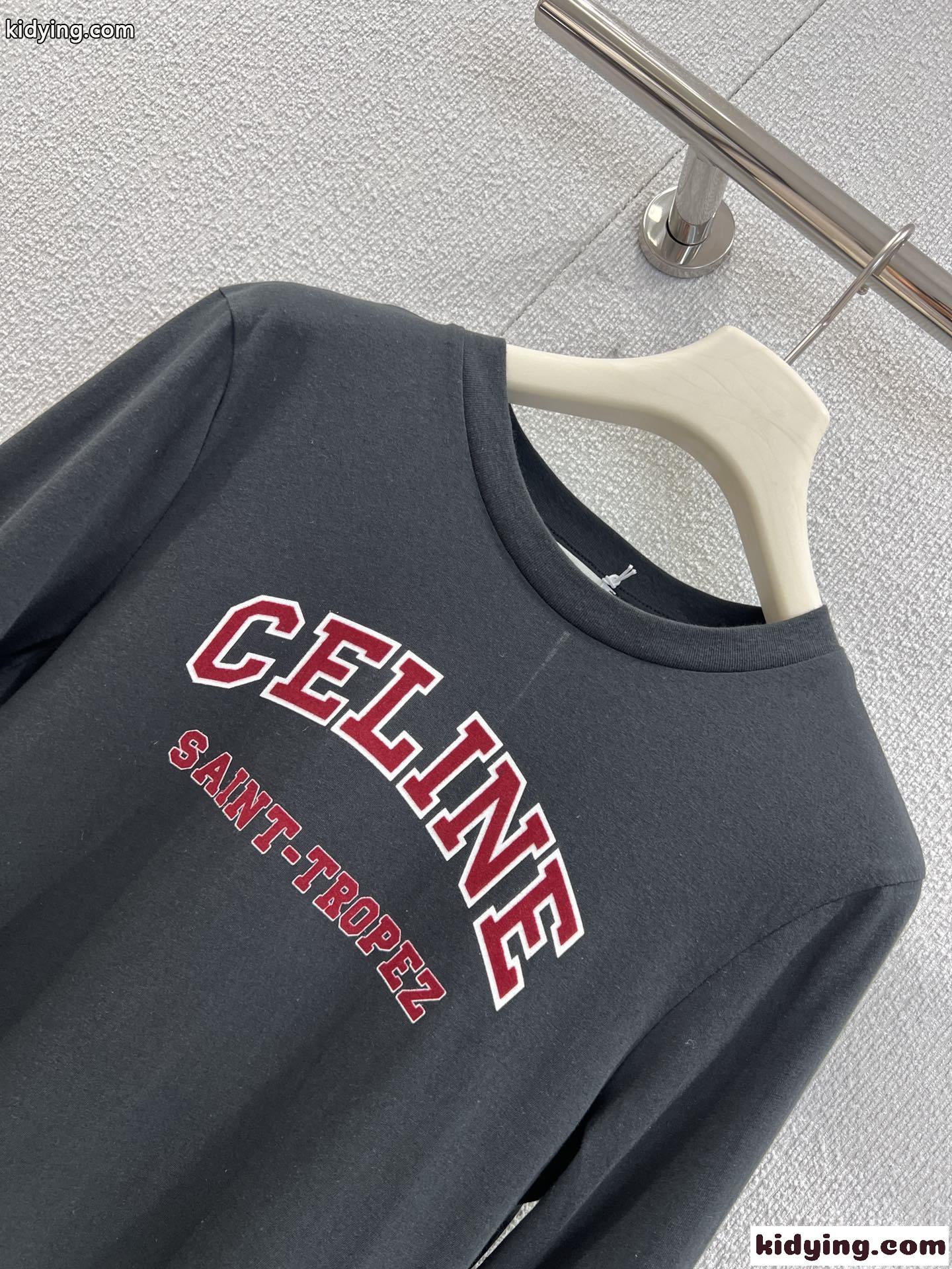 ベーシック カレッジロゴ 長袖Tシャツ セリーヌ Tシャツ 偽物 コットン ブラック-1