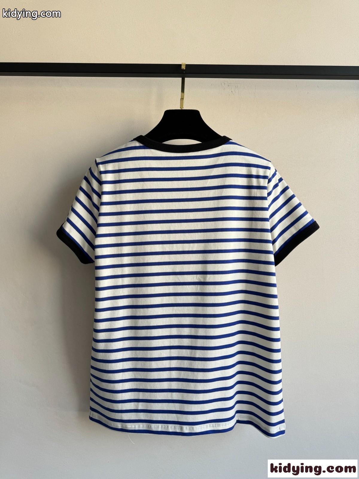 ボーダー柄 コットン 半袖Tシャツ ヴァレンティノ Tシャツ コピー ブルー-2