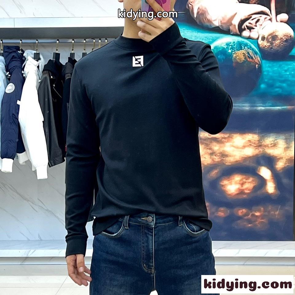 シンプル ロゴ 裏起毛 コットン 長袖Tシャツ フェンディ Tシャツ コピー ブラック-1