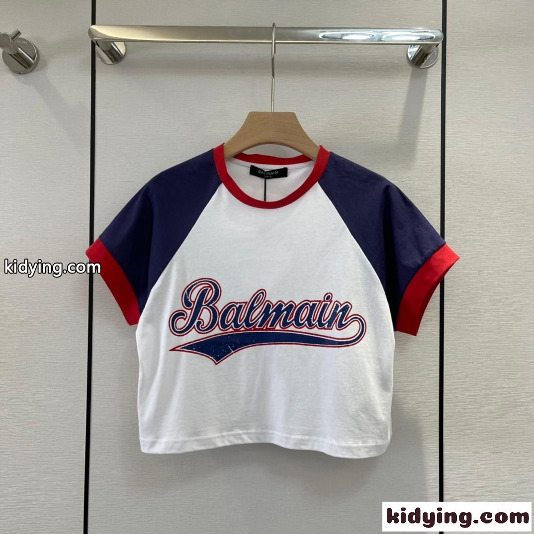 おしゃれ カジュアル ロゴ プリント ラウンドネック バルマン Tシャツ コピー 半袖 クロップ-2